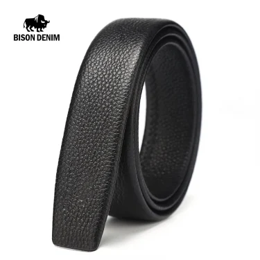 BISON DENIM Men No Buckle Belt High Quality Genuine Leather 3.4cm Width Belts Luxury Waistband Without Buckle Jeans Accessories 1