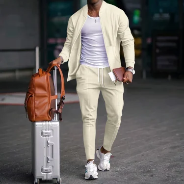 Autumnwinter men's casual blazer set new fashion Waffle baseball suit round neck pocket zipper long sleeve trousers two-piece se 3