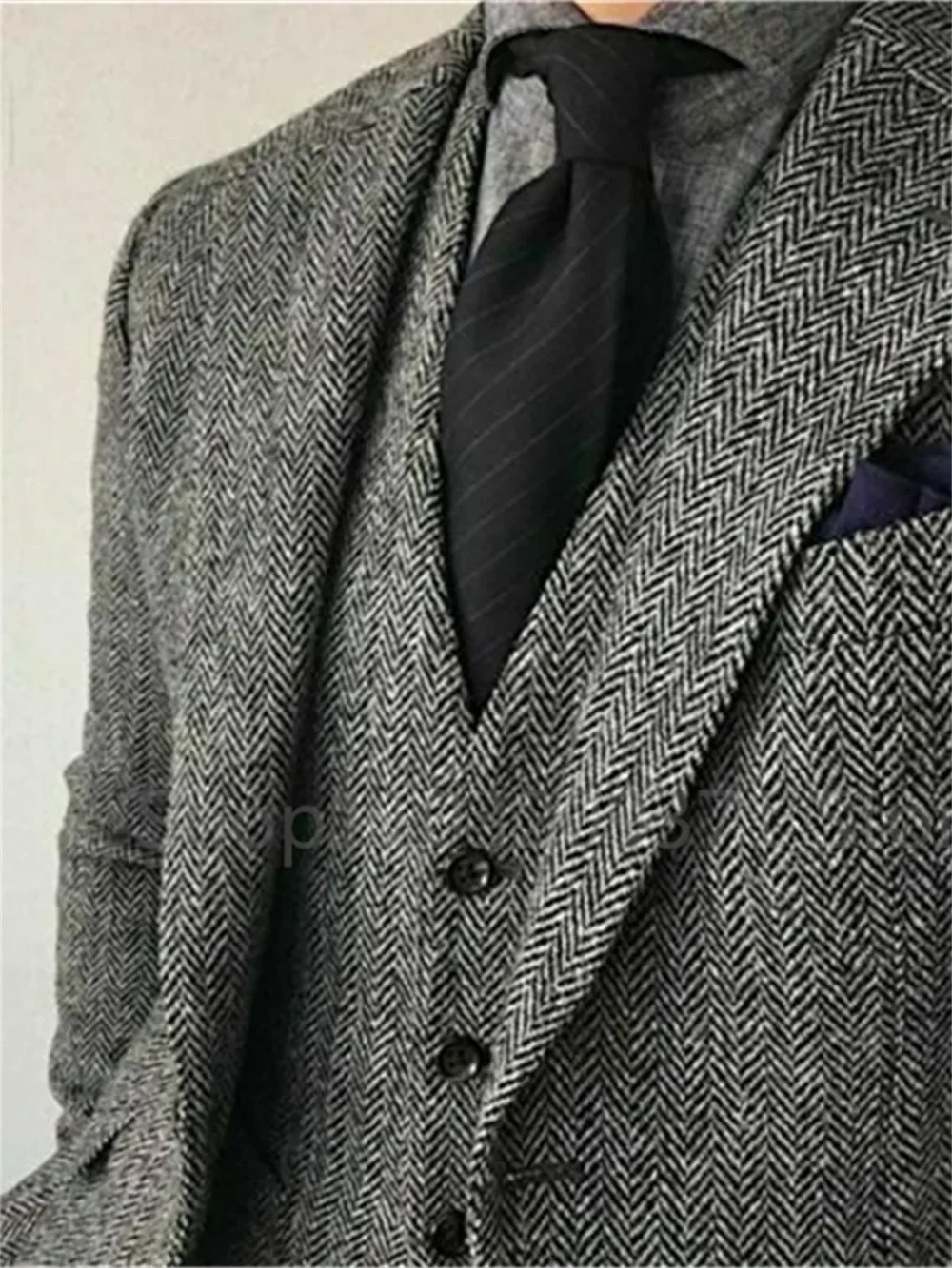 3 Pieces Men's Suits Tweed Herringbone Slim Fit Business Cauasl Waistcoat Jacket Groomsmen Wedding Suits（Blazer+vest+Pants） 5
