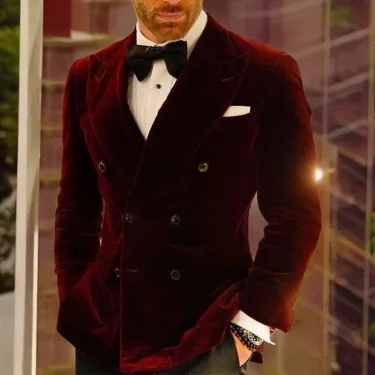 Slim Fit Wedding Men Suit Jacket for Groom Party 1 Piece Velvet Smoking Wedding Tuxedo Blazer Double Breasted Burgundy Suit Coat 5
