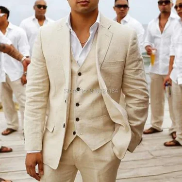 3 piece Beige Linen Wedding Tuxedo for Groomsmen Summer Man Suits with Notched Lapel Custom Casual Man Fashion Costume 2