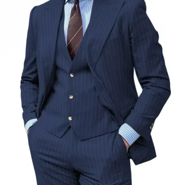 3 Pieces Grey Stripe Design Men Suits Peaked Lapel Formal Business Man Blazer Groom Tuxedo Classic Fit Male Outfit 2