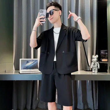 Blazer Shorts Suits for Men Plain No Logo Man Sets Aesthetic Korean Two Piece Set Style 2025 New in Tops & Tees Matching Luxury 1