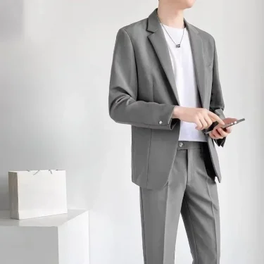Full Suit for Men Solid Color Blazer Youth Pants Casual 2 Piece Outfit Set Man Luxury Clothes Trends Costumes Slim Fit New In 6