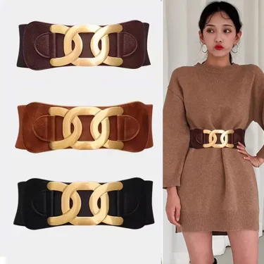 Golden CC Hook Buckle Elegant Belts for Women Retro Elastic Wide Belt Female Ladies Elastic Girdle with Skirt Dress Decorative 4