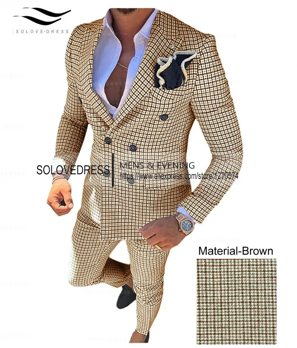 Silver Men's Wool Plaid Suits 2 pieces Fashion Notch Lapel Double breasted Prom Jacket Slim Fit Groomsmen Tuxedos (Blazer+Pants) 5
