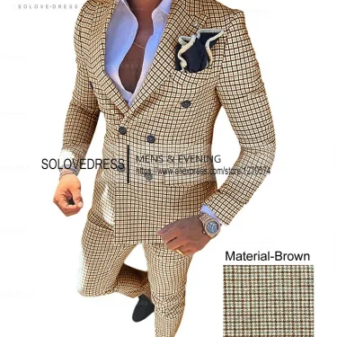 Silver Men's Wool Plaid Suits 2 pieces Fashion Notch Lapel Double breasted Prom Jacket Slim Fit Groomsmen Tuxedos (Blazer+Pants) 5