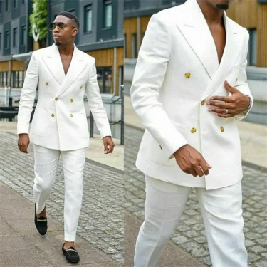 2 Piece New Ivory Men Tuxedos Business Suit Groom Double Breasted Groomsman Prom Wedding Party Formal Set Jacket And Pants 1