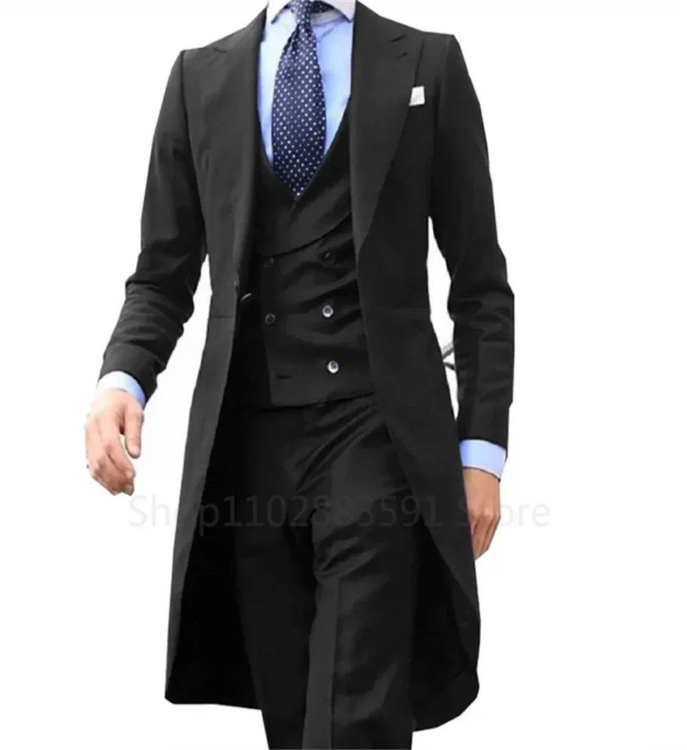 3 Pieces Green Long Tail Blazer Gentleman Male Suit Men's Fashion Groom Tuxedo for Wedding Prom Jacket Vest with Pants 1