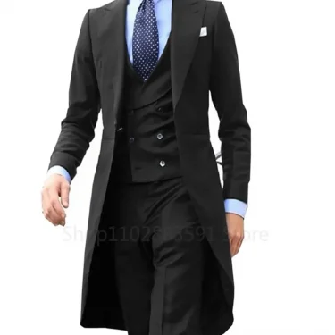 3 Pieces Green Long Tail Blazer Gentleman Male Suit Men's Fashion Groom Tuxedo for Wedding Prom Jacket Vest with Pants 1