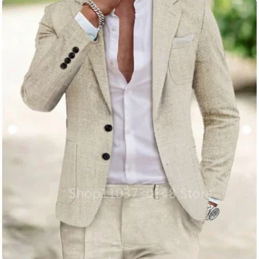 Casual Linen 2 Piece Beige/Blue Men Suits Notch Lapel Jacket Slim Fit Groom Tuxedos Blazer Pants Set Wedding Party Costume Homme 2
