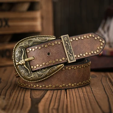 A men's and women's vintage bull head relief metal buckle casual style brown riveted PU belt suitable for daily business attenda 2