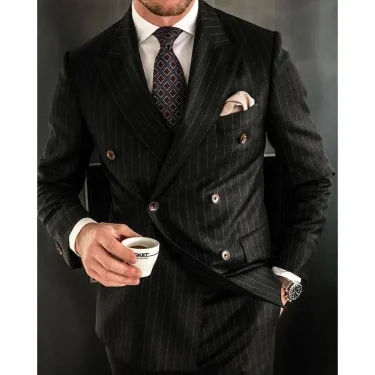 2 Piece Luxury Black Men Suits Regular Length Double Breasted Peak Lapel Flat Front Jacket Pants Elegant Male Clothing Terno 2
