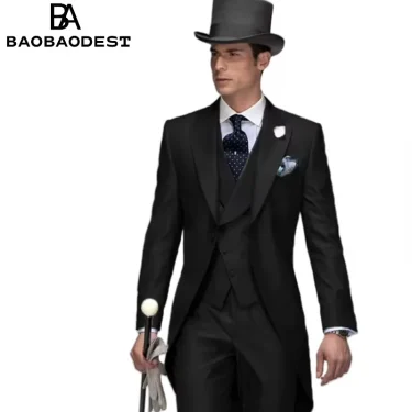 Custom Men's Formal 3-Piece Tailcoat Suit - Peak Lapel Tuxedo Blazer, Waistcoat & Pants for Wedding, Groom, Black Tie Events 1