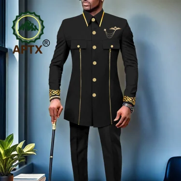 African Men Suit for Traditional Wedding Custom Business Attire Gold Embroidery Coat Pants Set Party Bazin Riche Attire 2416079 2