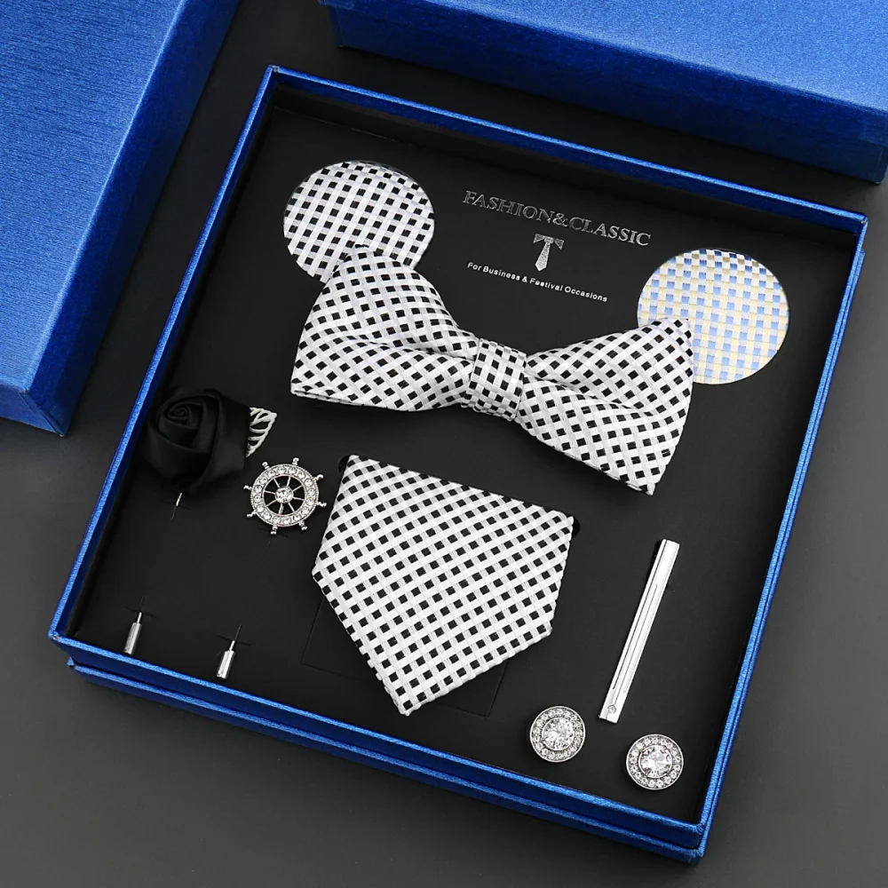 Classic Silk Neck Tie Set For Men Luruxy Brand Design Bowtie Hanky brooch Cufflinks Tie Clip Box Set Bussiness Wedding Suit Gift 3