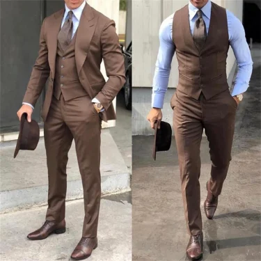 Brown Classic Men Suit 3 Pieces Tuxedo Peak Lapel Groomsmen Wedding Suits Set Fashion Men Business Blazer Jacket+Pants+Vest 1