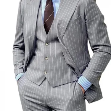 3 Pieces Grey Stripe Design Men Suits Peaked Lapel Formal Business Man Blazer Groom Tuxedo Classic Fit Male Outfit 6