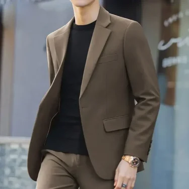 Slim Fit Solid Color 2 Piece Outfit Set Man High Quality 2024 Full Suit for Men Fashion Casual Pants Ceremony Clothes Blazer 5