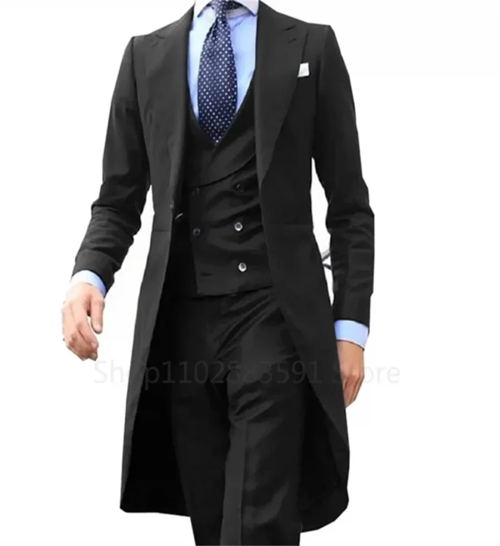 3 Pieces Green Long Tail Blazer Gentleman Male Suit Men's Fashion Groom Tuxedo for Wedding Prom Jacket Vest with Pants 6
