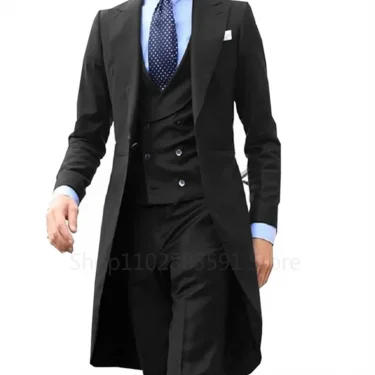 3 Pieces Green Long Tail Blazer Gentleman Male Suit Men's Fashion Groom Tuxedo for Wedding Prom Jacket Vest with Pants 6