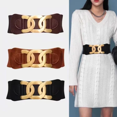 Golden CC Hook Buckle Elegant Belts for Women Retro Elastic Wide Belt Female Ladies Elastic Girdle with Skirt Dress Decorative 5