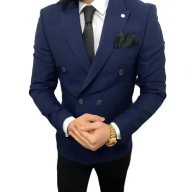 2 Piece Blue Jacket Black Pant Double Breasted Elegant Men Suits Casual Slim Fit Blazers High Quality Custom Set Costume Homme 2