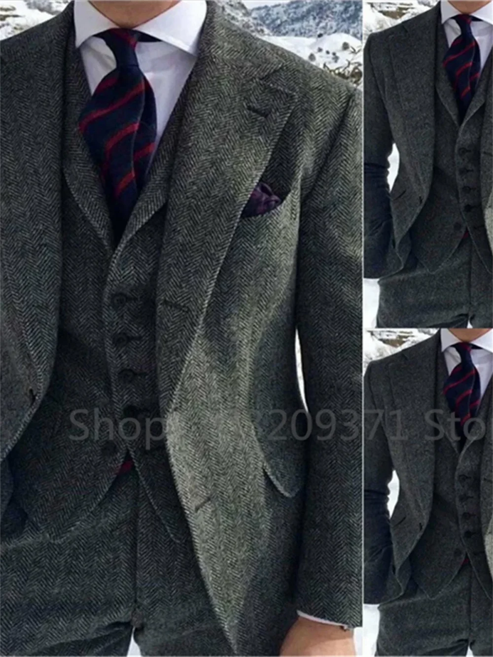 3 Pieces Men's Suits Tweed Herringbone Slim Fit Business Cauasl Waistcoat Jacket Groomsmen Wedding Suits（Blazer+vest+Pants） 6