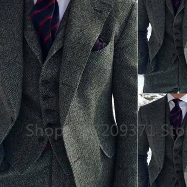 3 Pieces Men's Suits Tweed Herringbone Slim Fit Business Cauasl Waistcoat Jacket Groomsmen Wedding Suits（Blazer+vest+Pants） 6