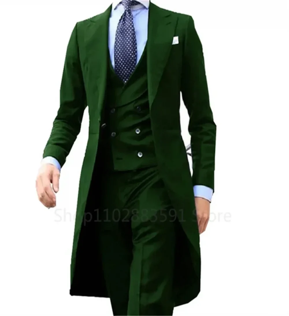 3 Pieces Green Long Tail Blazer Gentleman Male Suit Men's Fashion Groom Tuxedo for Wedding Prom Jacket Vest with Pants 4