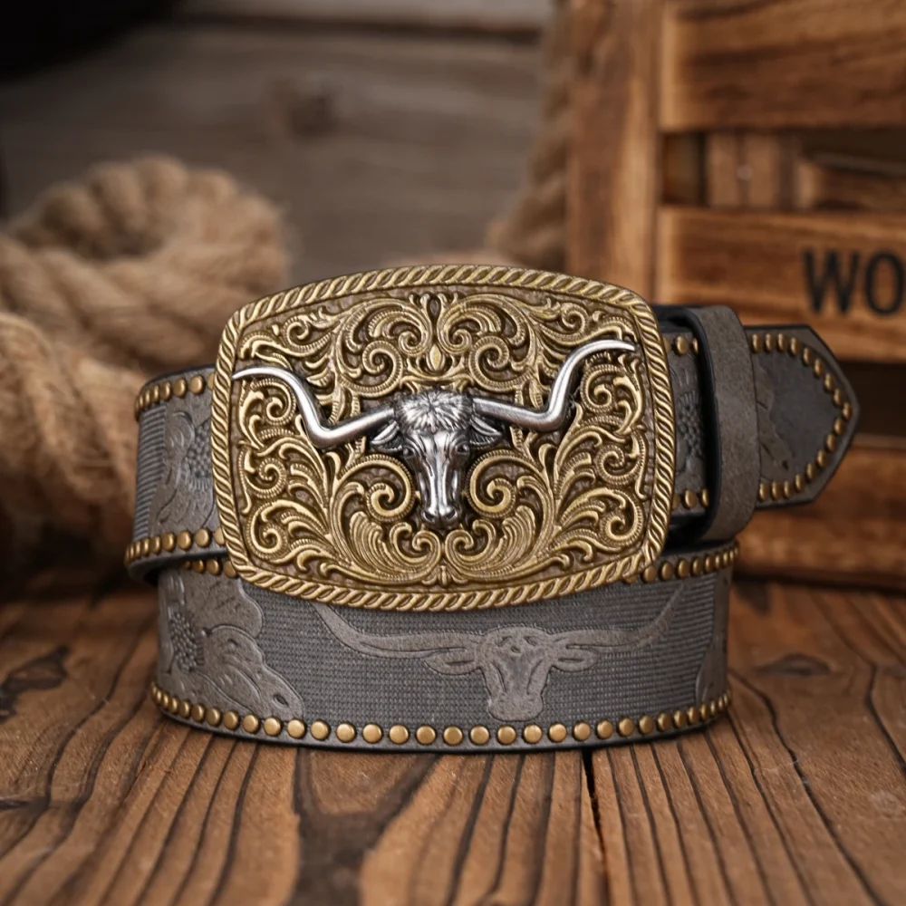 Men Women-Western-Cowboy-PU Leather-Belts - Vintage Belt Floral Engraved Buckle Belt for Jeans 1