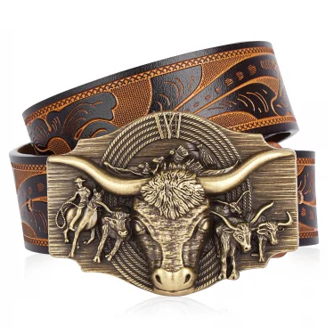 BISON DENIM Western Belt Vintage Genuine Leather Belts For Cowboy Cowgirl Longhorn Bull Pattern Engraved Buckle Belts For Jeans 1