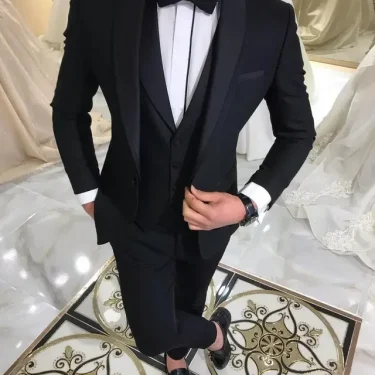 3 Piece Blue Slit Mens Suits Black Shawl Lapel Casual Tuxedos for Wedding Groomsmen Suits Men (blazer+vest+pants) 2