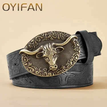 Western Leather Buckle Belts Cowboy Longhorn Bull Pattern Buckle Belt Floral Engraved Buckle Belt for Men 1