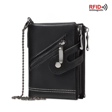 Men's Chain Wallet RFID Anti-Theft Men's Retro Leather Wallet Double Zipper Coin Purse Credit Card Holder for Men and Women 1
