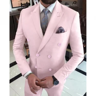 Pink Double Breasted Peak Lapel Men Suits Luxury Wedding Groomsmen Outfits Slim Fit 2 Piece Jacket Pants Outfits Costume Blazer 2