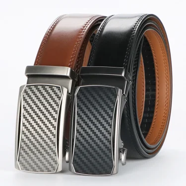 Genuine Leather Ratchet Belt for Men - Adjustable Automatic Buckle,Casual Business Style, High-Quality Leather Panel 1