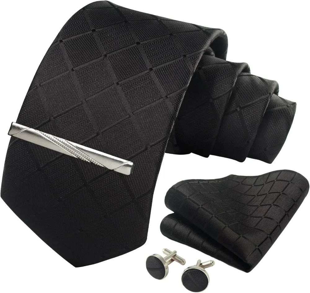 100% Silk Ties for Men Plaid & Checks Tie Clip Handkerchief Woven Classic Men's Necktie Pocket Square Set Formal Wedding Ties 5