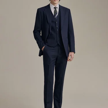 9% Wool Luxury Deep Blue Men Suit Set Four Season Formal Blazer Vest Pant Wedding Groom Wear Casual Businessman Daily Clothing 2