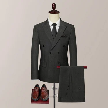Double breasted British suit groom wedding (suit + vest + trousers) slim fit work casual fashion stripes handsome three-piece se 1