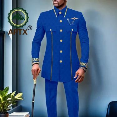 African Men Suit for Traditional Wedding Custom Business Attire Gold Embroidery Coat Pants Set Party Bazin Riche Attire 2416079 1