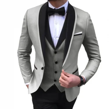3 Piece Blue Slit Mens Suits Black Shawl Lapel Casual Tuxedos for Wedding Groomsmen Suits Men (blazer+vest+pants) 1