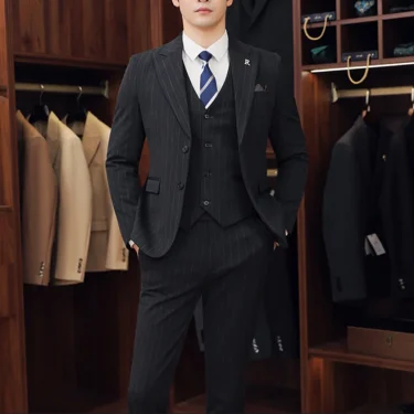 2025 High quality business casual (suit + vest + trousers) striped handsome boutique all-in-one wedding three-piece set 4