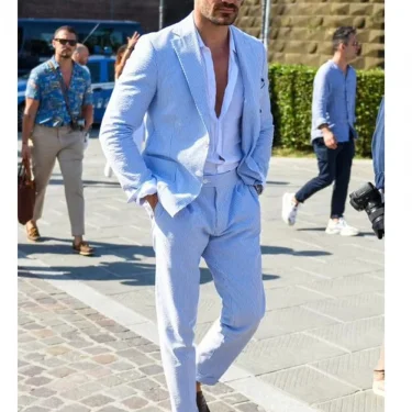 Casual 2 Pieces Sky Blue Men Suits Seersucker Suits Notched Lapel Blazer Summer Leisure Beach Jacket+Pant Groom Wedding Tuxedos 2