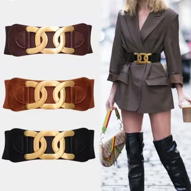 Golden CC Hook Buckle Elegant Belts for Women Retro Elastic Wide Belt Female Ladies Elastic Girdle with Skirt Dress Decorative 1