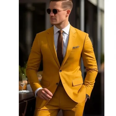 High Quality Men Suits Yellow Single Breasted Skinny 2 Pieces Jacket Pants Set Formal Wedding Outfits Costume Homme 2