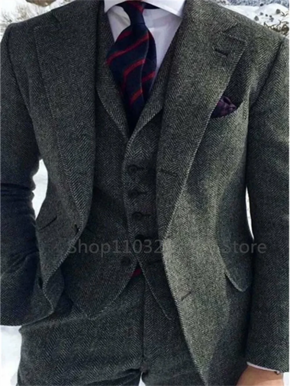 3 Pieces Men's Suits Tweed Herringbone Slim Fit Business Cauasl Waistcoat Jacket Groomsmen Wedding Suits（Blazer+vest+Pants） 2