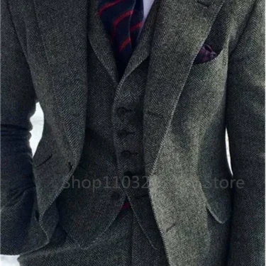 3 Pieces Men's Suits Tweed Herringbone Slim Fit Business Cauasl Waistcoat Jacket Groomsmen Wedding Suits（Blazer+vest+Pants） 2