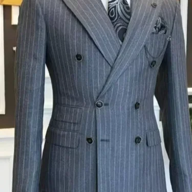 1 Pieces Grey Stripe Men’s Suits For Groom Tuxedos Peaked Lapel Slim Fit Blazer Jacket Only Man Tailor Wear Clothing 2