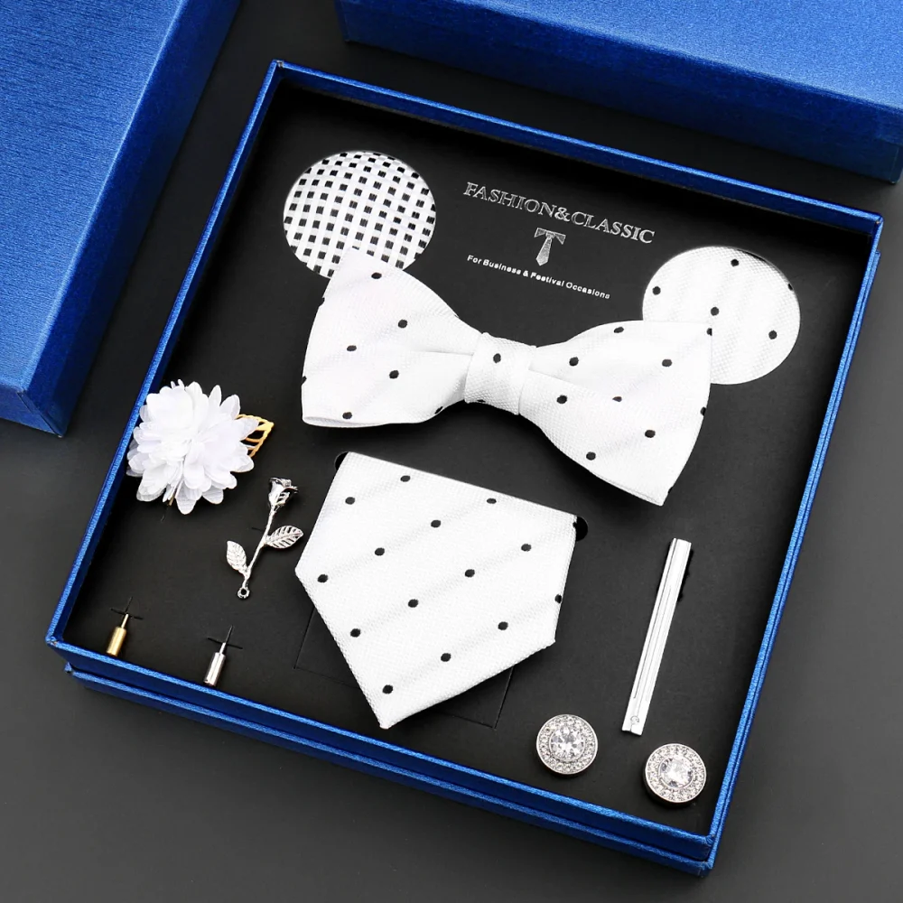 Classic Silk Neck Tie Set For Men Luruxy Brand Design Bowtie Hanky brooch Cufflinks Tie Clip Box Set Bussiness Wedding Suit Gift 4